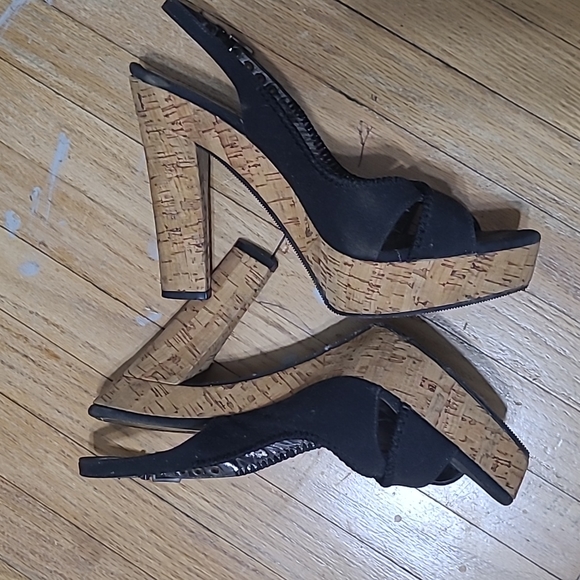 Womens Sz 9 Black & Cork Platform Sandals - Picture 2 of 5